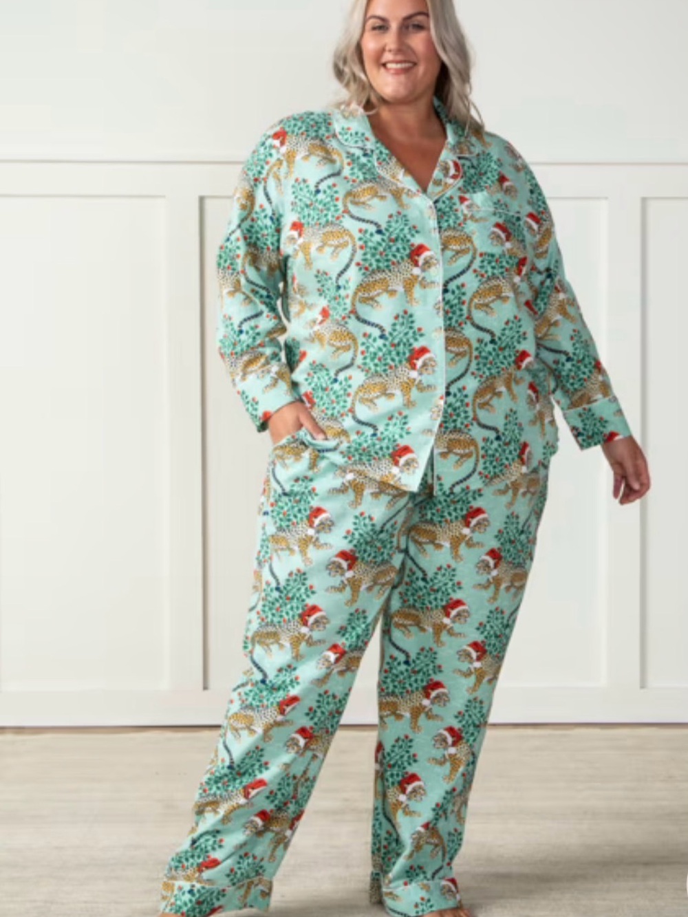 Printfresh Jolly Bagheera Mint Leopard Holiday Pajama Set- 1X Tall